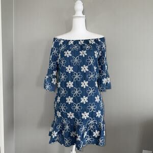 ECI Womens 6 Floral Embroidered Denim Off The Shoulder Dress Blue White Pocket